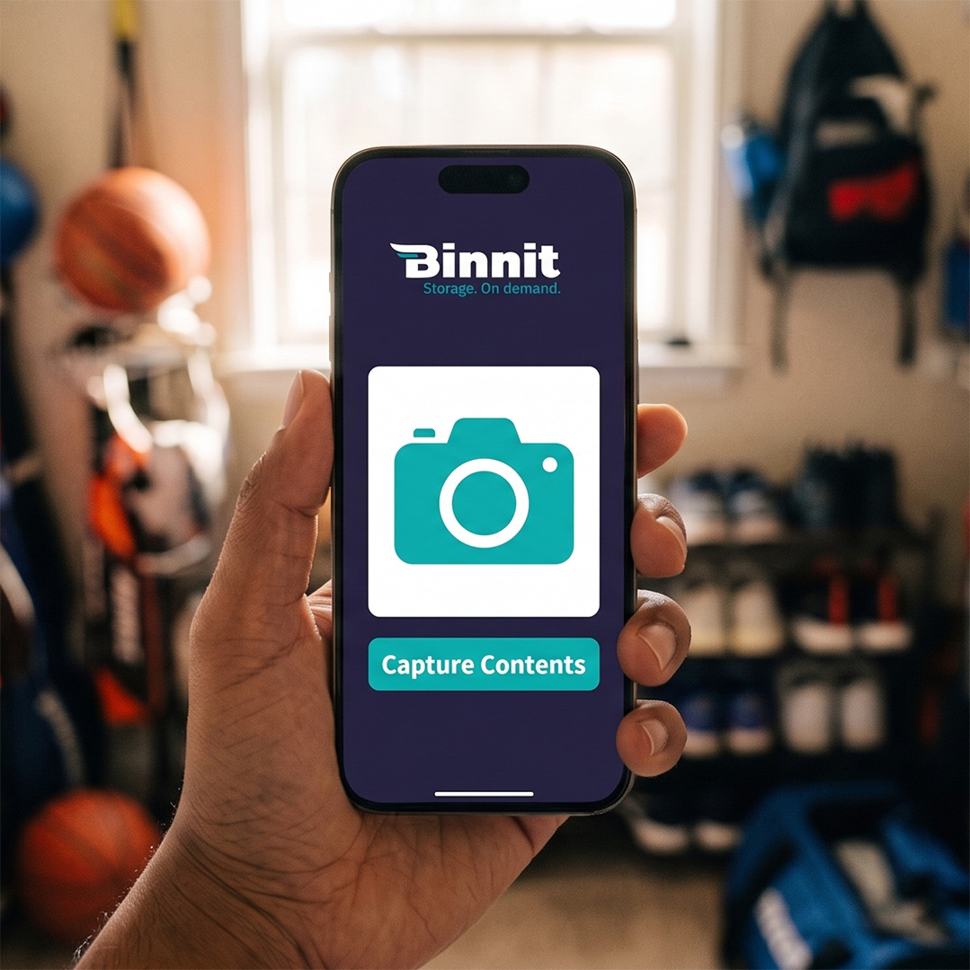 Binnit app capture screen showing a storage catalogue