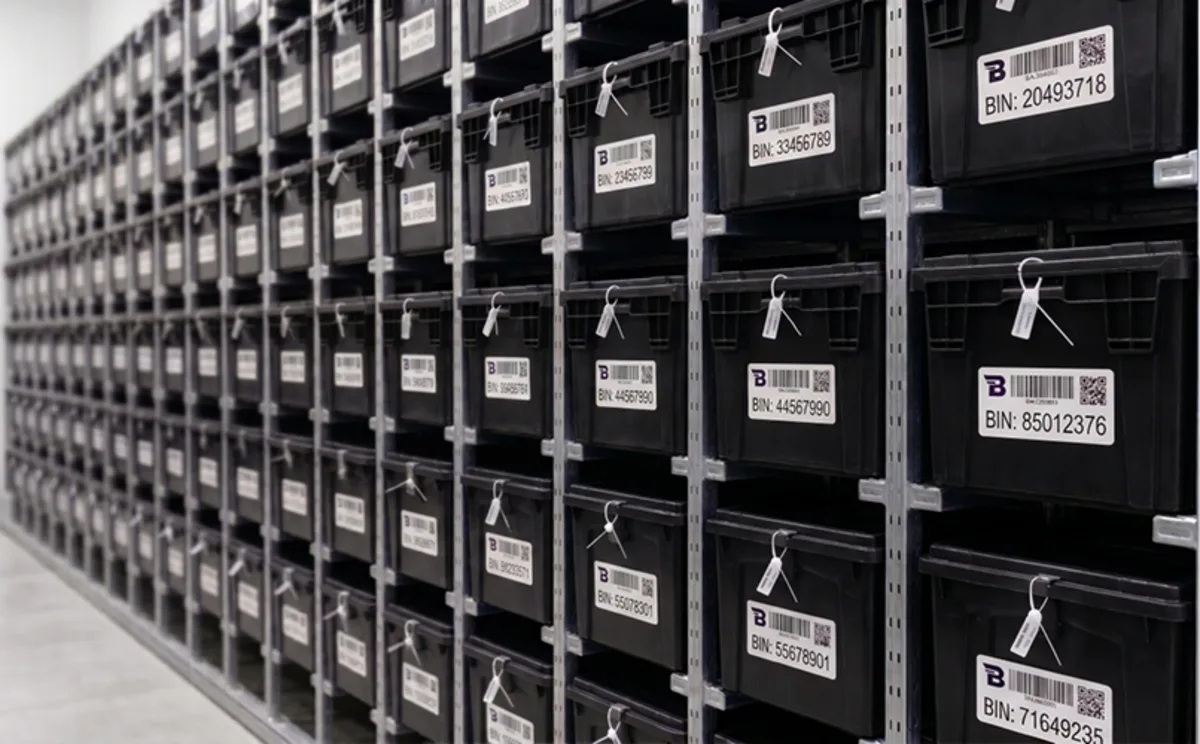 Sealed Binnit bins on shelving in the storage facility