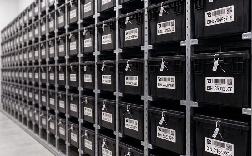Binnit bins labelled and organized on warehouse racks
