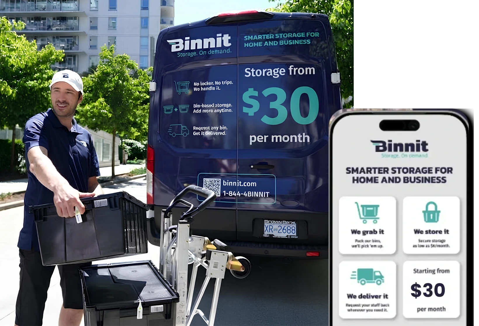 Binnit driver Nico with the branded van and the Binnit app — we grab it, we store it, we bring it back, starting from $30 per month
