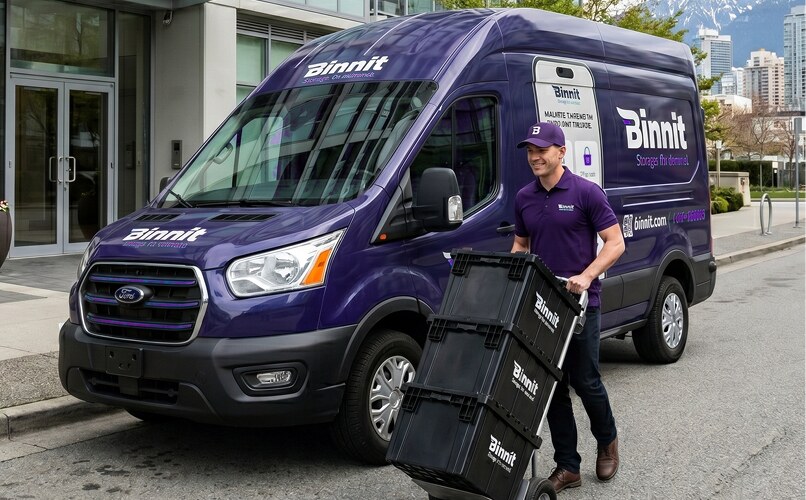 A friendly Binnit team member carrying storage bins to a customer